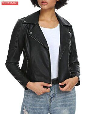 Faux Leather Motorcycle Jacket Long Sleeve Slim Fit Moto Biker